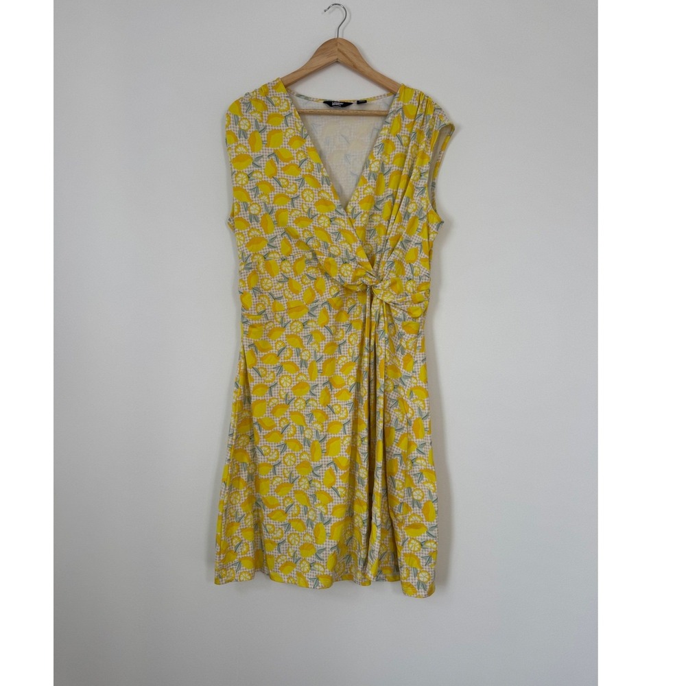 Lands' End Faux Wrap Dress Womens Large 14-16 Yellow Lemon Gingham Side‎ Knot